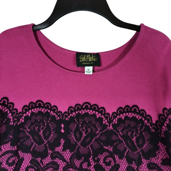 BOB MACKIE Long Sleeve Lace Print Pullover Sweater Pink Black Size XL - Picture 4 of 6